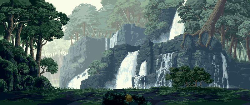 Pixel-art waterfall landscape